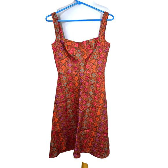 SALONI Rachel Printed Sleeveless Linen Mini Dress Rainbow Trellis Orange Pink 2 - Picture 5 of 9